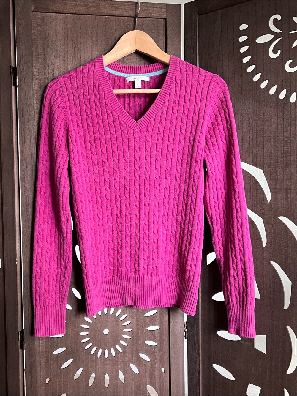 Merona Cable-Knit V-Neck Sweater in Fuchsia Pink